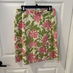 Pink Green Floral Print Cottage Core Nautical Skirt Sz 13 Pleated Flare 17x23‎